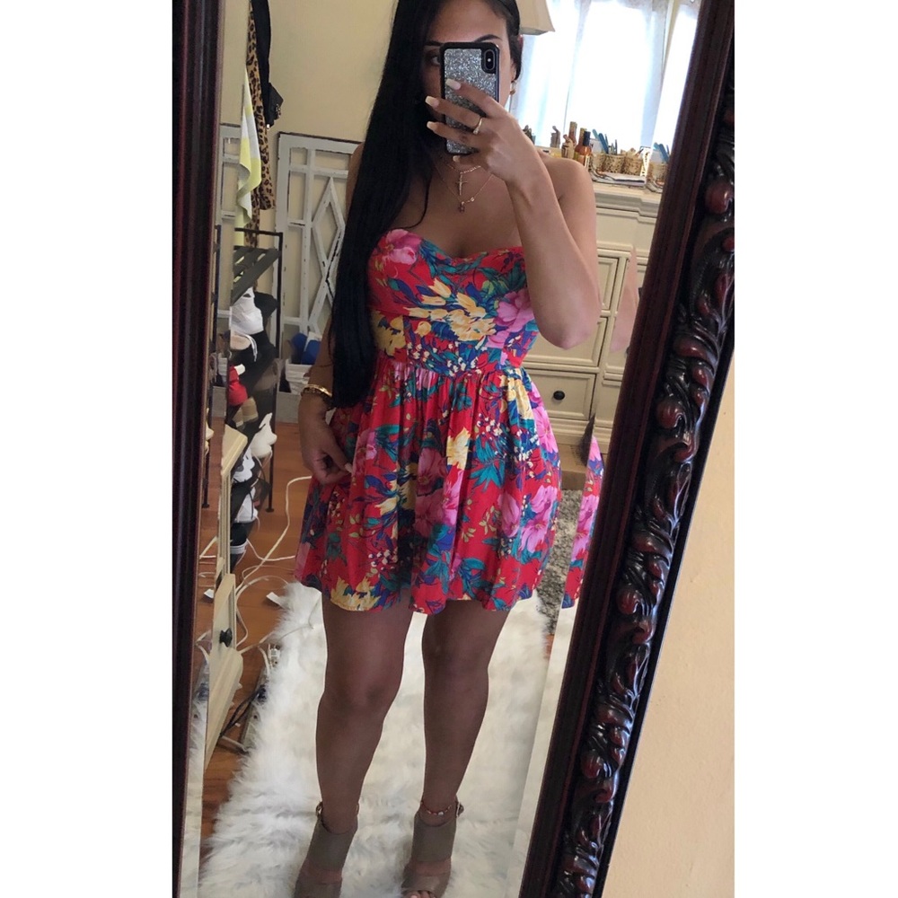 Strapless red floral printed dress